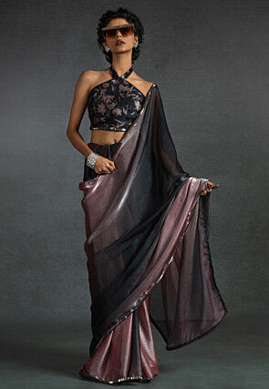 Pre-stitched Satin Chiffon Shimmer Saree in Shaded Peach and Black