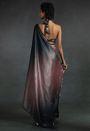 Pre-stitched Satin Chiffon Shimmer Saree in Shaded Peach and Black