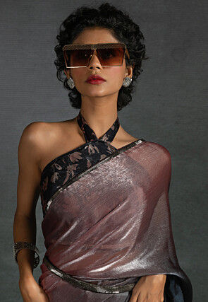 Pre-stitched Satin Chiffon Shimmer Saree in Shaded Peach and Black