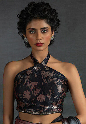 Pre-stitched Satin Chiffon Shimmer Saree in Shaded Peach and Black