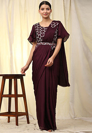 Pre-stitched Satin Georgette Butterfly Pallu Saree in Wine