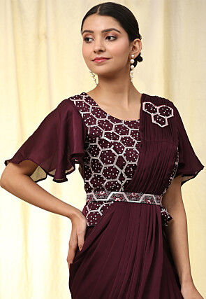 Pre-stitched Satin Georgette Butterfly Pallu Saree in Wine