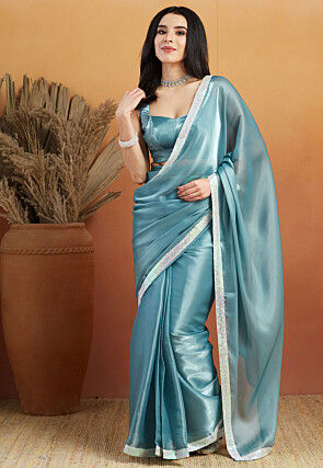 Pre-stitched Satin Georgette Saree in Dusty Blue