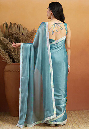 Pre-stitched Satin Georgette Saree in Dusty Blue