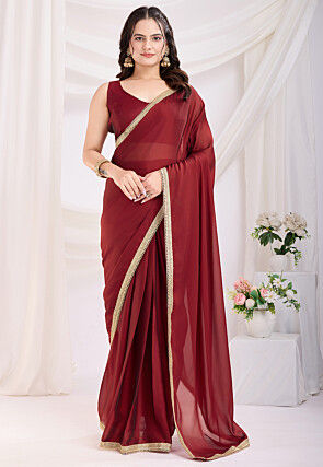 Pre-stitched Satin Georgette Saree in Maroon