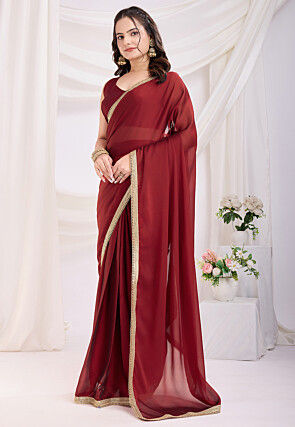 Pre-stitched Satin Georgette Saree in Maroon