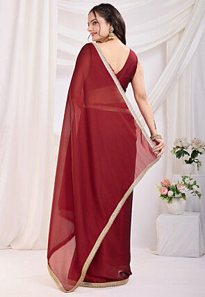Pre-stitched Satin Georgette Saree in Maroon