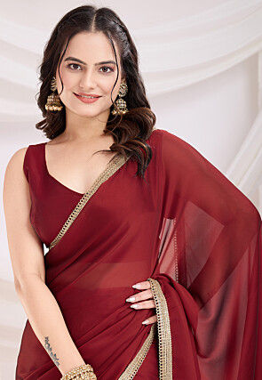 Pre-stitched Satin Georgette Saree in Maroon