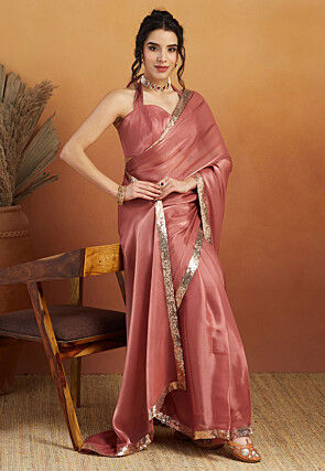 Pre-stitched Satin Georgette Saree in Peach