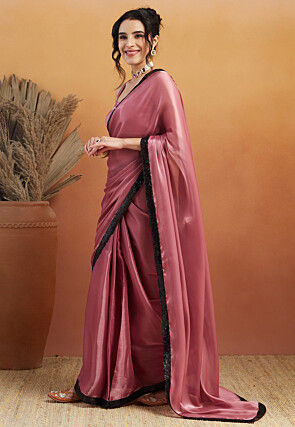 Pre-stitched Satin Georgette Saree in Pink