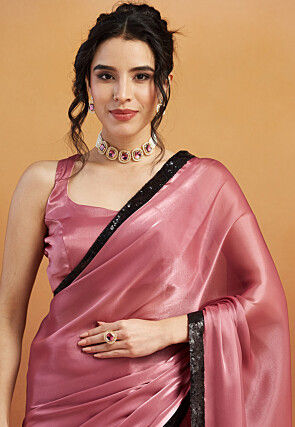 Pre-stitched Satin Georgette Saree in Pink