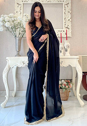 Pre-stitched Satin Saree in Black