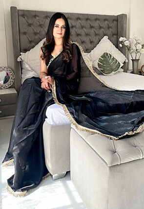 Pre-stitched Satin Saree in Black