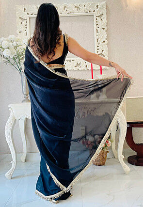 Pre-stitched Satin Saree in Black