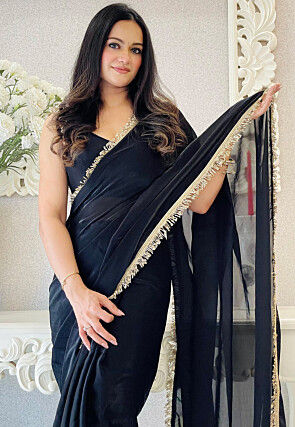 Pre-stitched Satin Saree in Black