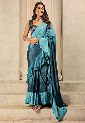 Pre-stitched Satin Saree in Blue Ombre