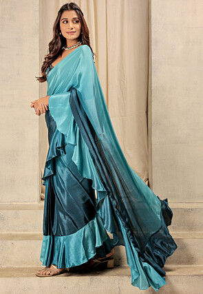 Pre-stitched Satin Saree in Blue Ombre
