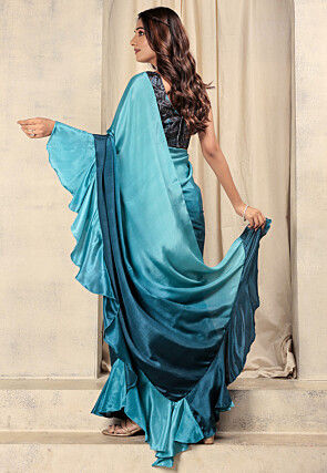 Pre-stitched Satin Saree in Blue Ombre