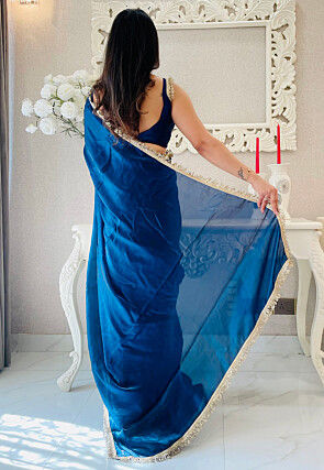 Pre-stitched Satin Saree in Blue