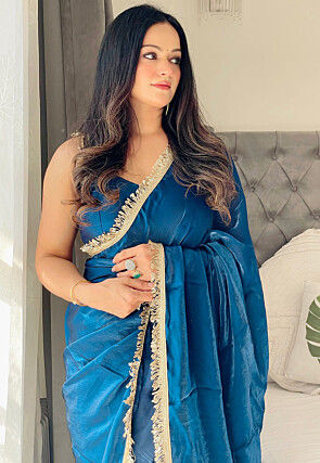 Pre-stitched Satin Saree in Blue