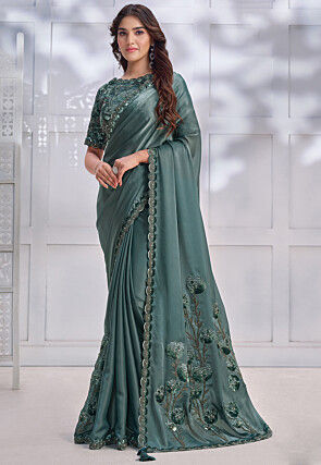 Pre-stitched Satin Saree in Dusty Green