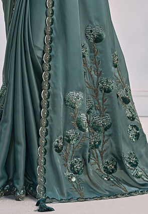 Pre-stitched Satin Saree in Dusty Green