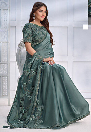 Pre-stitched Satin Saree in Dusty Green