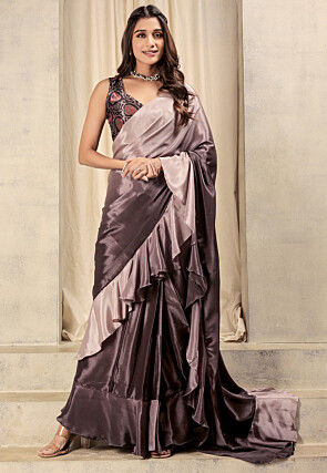 Pre-stitched Satin Saree in Fawn Ombre