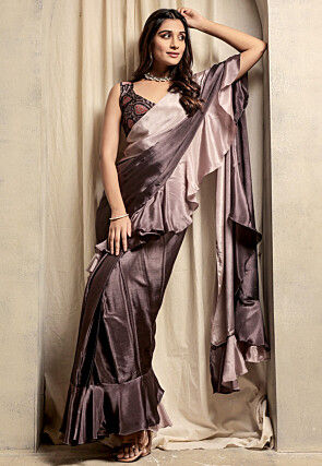 Pre-stitched Satin Saree in Fawn Ombre