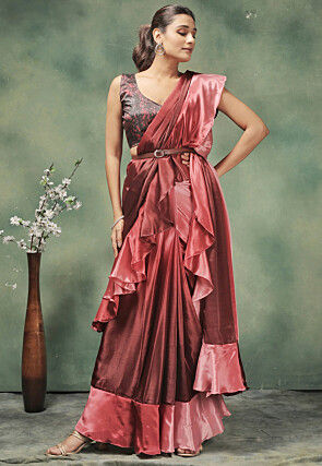 Pre-stitched Satin Saree in Maroon Ombre