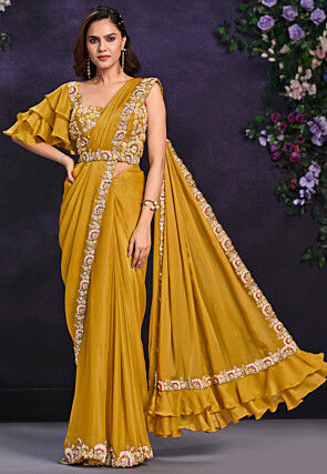 Pre-stitched Satin Saree in Mustard