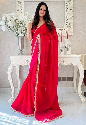 Pre-stitched Satin Saree in Red