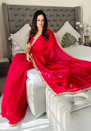 Pre-stitched Satin Saree in Red