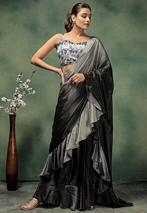 Pre-stitched Satin Saree in Shaded Black and Grey