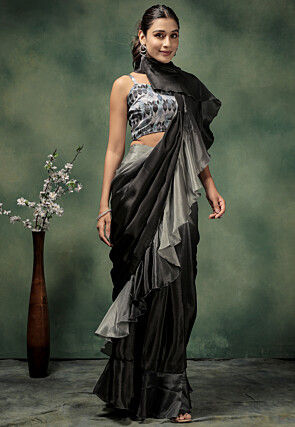 Pre-stitched Satin Saree in Shaded Black and Grey