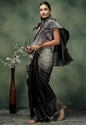 Pre-stitched Satin Saree in Shaded Black and Grey