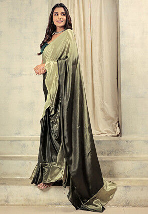 Pre-stitched Satin Saree in Shaded Dusty Green and Black
