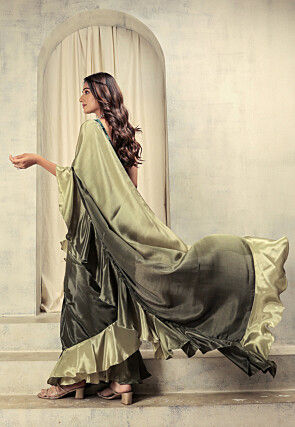 Pre-stitched Satin Saree in Shaded Dusty Green and Black