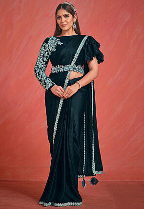 Pre-stitched Satin Saree in Teal Blue