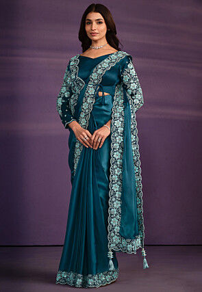 Pre-stitched Satin Saree in Teal Blue