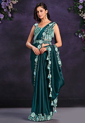 Pre-stitched Satin Saree in Teal Green