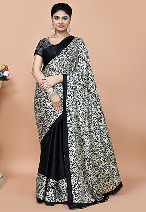 Pre-stitched Satin Saree in White and Black