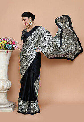 Pre-stitched Satin Saree in White and Black