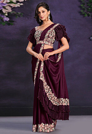 Pre-stitched Satin Saree in Wine