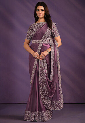 Pre-stitched Satin Scalloped Saree in Purple