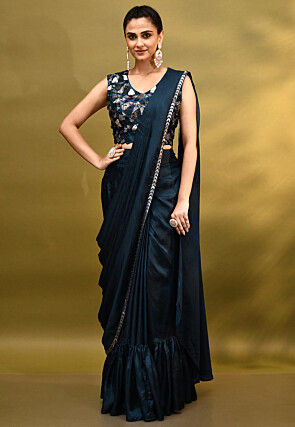 Pre-stitched Shantoon Silk Saree in Navy Blue