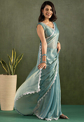 Pre-stitched Tissue Saree in Blue