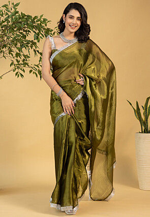 Pre-stitched Tissue Saree in Olive Green