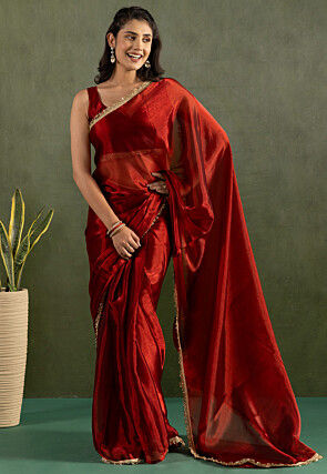 Pre-stitched Tissue Saree in Red