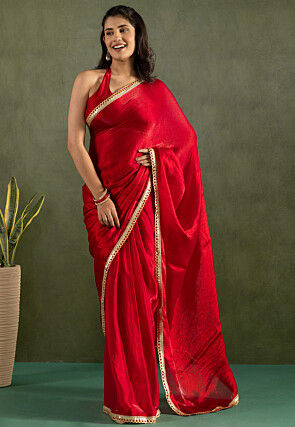 Pre-stitched Tissue Saree in Red
